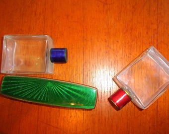 Early French enamel Guilloche perfume bottles and brush
