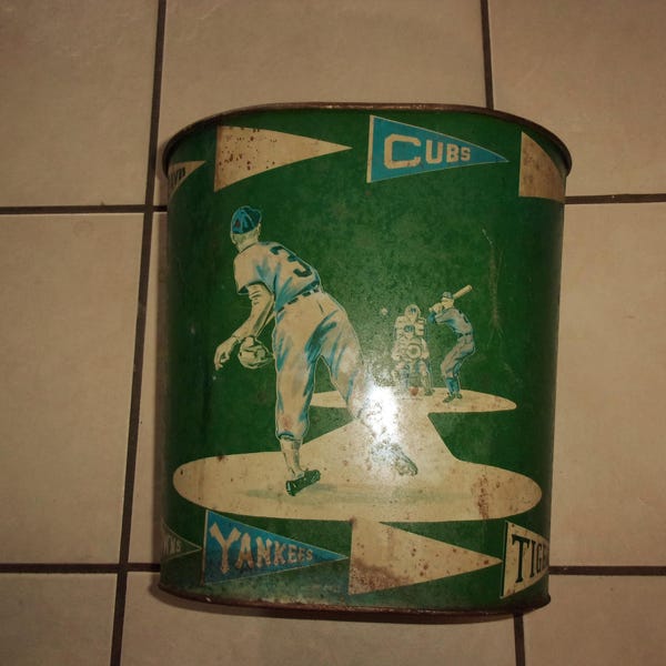 Vintage 1950's Baseball collectible metal trash can