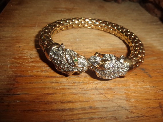 Vintage double Leopard head Rhinestone bracelet - image 2