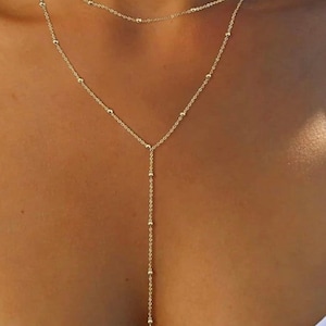 Gold Lariat Necklace: Layered Y Necklace with 14k Overlay