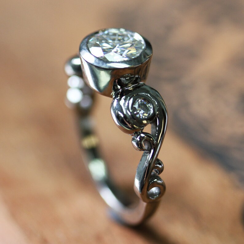 14k White Gold Engagement Ring Set, Moissanite Engagement Ring Set, Swirl Engagement Ring