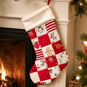 May include: A Christmas stocking featuring a patchwork design of red and white squares. The fabric squares display various holiday-themed illustrations including a penguin, reindeer, gingerbread man, hot cocoa, and red stripes, topped with a white cuff.
