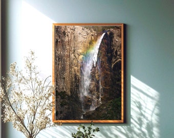 Fine Art Rainbow Waterfall Print, Nature Photography, Yosemite Waterfall Mist, Woodland Wall Prints,  Rustic Cabin Wall Decor