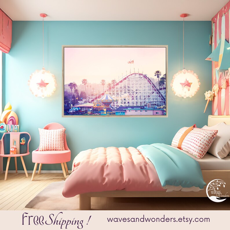 a bedroom with a pink and blue theme