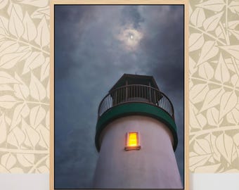 Moon and Lighthouse Canvas Print- Santa Cruz California Coast, Moody Nautical Coastal Photography Wall Art Gift
