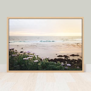 Fine Art Coastal Sunset and Flowers Print- Ocean Waves, California Coastal Decor Wall Art, Pastel Landscape Photography