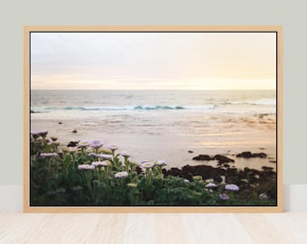 Fine Art Coastal Sunset and Flowers Print- Ocean Waves, California Coastal Decor Wall Art, Pastel Landscape Photography