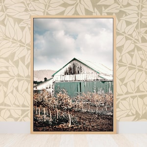 White Barn Landscape Print - Country Farmhouse , Rustic Old Farm , Vintage Shabby Cottage Chic Home Wall Art Decor, Fine Art Photography