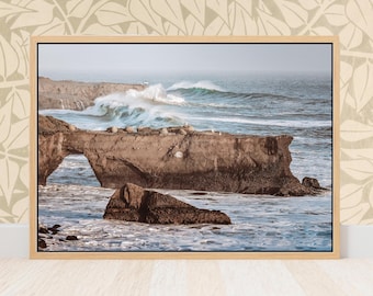 Fine Art Surf Print - Surfer and Surfboard, Steamer Lane Santa Cruz Waves, Monterey Bay California Ocean Beach House Framed Photo Wall Decor