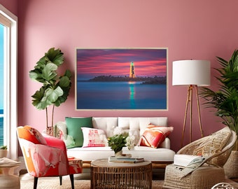 Fine Art Lighted Lighthouse Print- Santa Cruz California, Neon Pink and Blue Coastal Sunset for Nautical Beach Aesthetic Decor