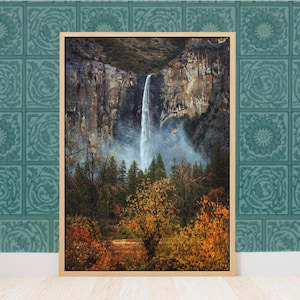 Fine Art Yosemite Falls Autumn Print- Serene Nature Photography, California Bridalveil Falls Wall Prints for Rustic Seasonal Wall Decor