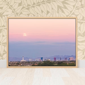 Pink Moon Over Las Vegas Strip Canvas Wall Art - Vegas Skyline and Pink Sunset Print - Vintage Retro Wall Decor Gift