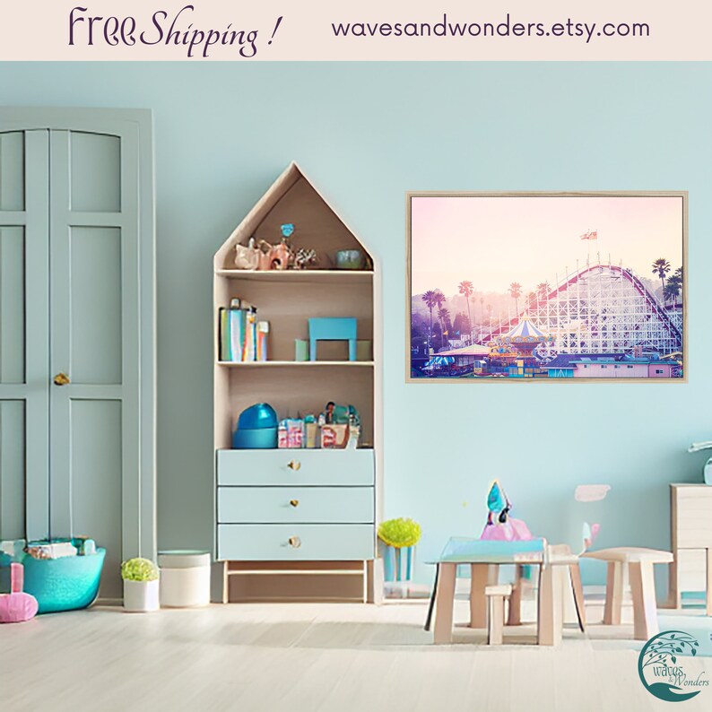 a child's room with a blue wall and a white bookcase