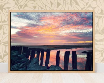 Beach Sunset Canvas Print -  Santa Cruz California Coast, Vibrant Colored Rustic Coastal Decor Wall Art, Home Gift, Fine Art Photography