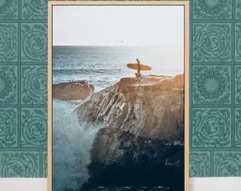 Steamer Lane Santa Cruz Surf Canvas Print - Surfer and Surfboard Wall Art - California Coast Beach House Wall Decor Gift