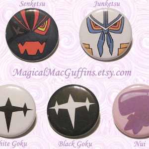May include: Six round buttons with different designs. The buttons are white, black, and purple with black, white, and red designs. The text on the buttons reads "Senketsu", "Junketsu", "White Goku", "Black Goku", and "Nui".