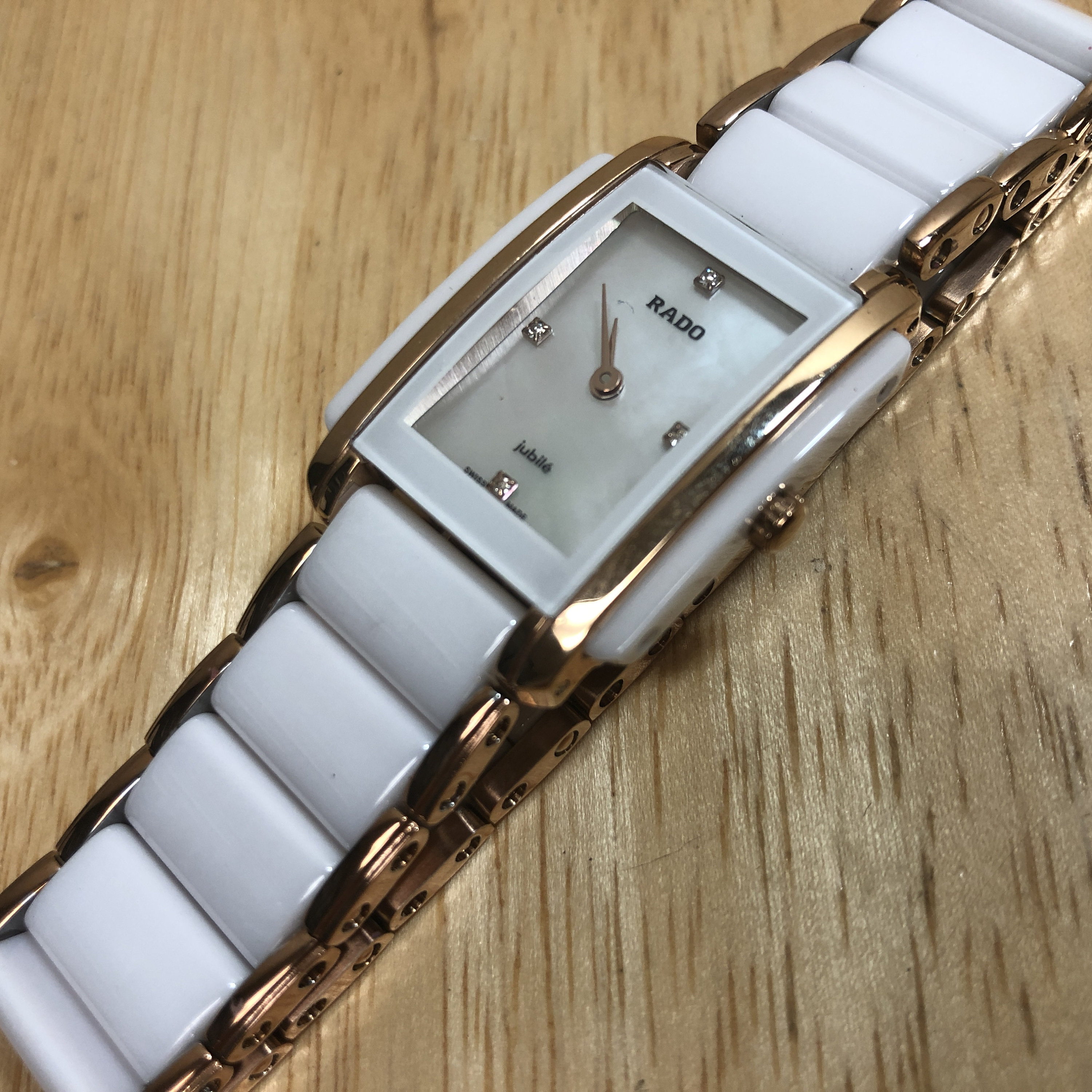 Jahrgang RADO JUBILe Lady Rose Gold Ton weiB Keramik Diamant Luxus Rechteck Analog Quarzuhr Stunden Uhr neue Batterie