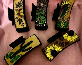 SVG File Leather Western Sunflower with Cactus Claw Hair Clip Laser Cut File Haute Southern Haute