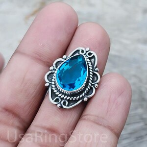 Carving Blue Topaz Gemstone Ring, Daily Wear Ring 925 Silver Pear Shape Ring, Blue Topaz Stone Women&#39;s Ring, Perfect Gift for Her