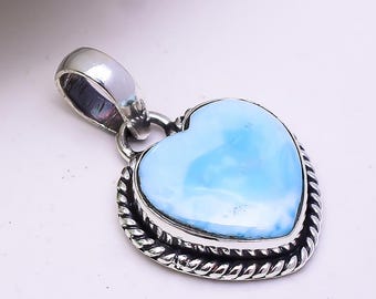 Collar con colgante de corazón de larimar: plata de ley 925, joyería de piedras preciosas hecha a mano