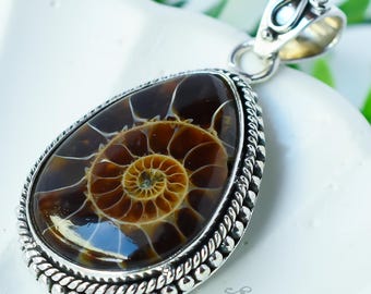 Ammonite Fossil Pendant – Handmade 925 Sterling Silver Jewelry – Pear-Shaped Nautical Gift for Mom & Her