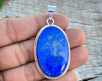 Handmade Oval Lapis Lazuli Pendant: 925 Sterling Silver Taurus Birthstone