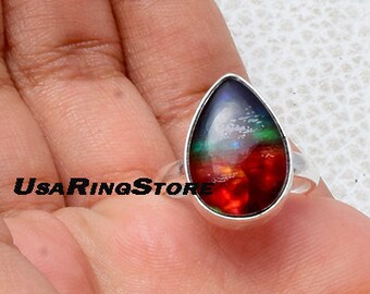 Handmade Sterling Silver Ammolite Ring: Boho Statement Jewelry