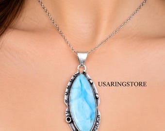 Blue Larimar Gemstone Pendant 925 Solid Sterling Silver Stone Gemstone