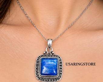 Sterling Silver Kyanite Blue  Pendant Necklace Handmade Gemstone Jewelry