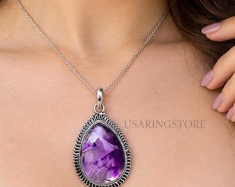 Handmade Engraved Amethyst Pendant: 925 Sterling Silver Pear Birthstone