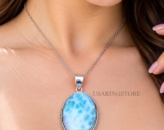 Handmade Larimar Gemstone 925 Sterling Silver Handmade Pendant