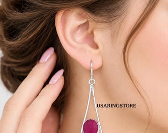 Handmade Oval Ruby Light Dangle Earrings, Vintage Sterling Silver Gemstone Jewelry