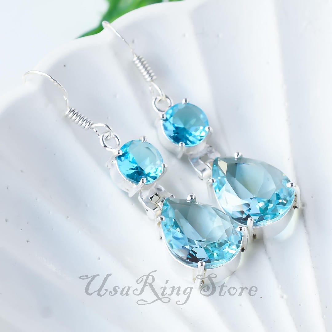 ブルートパーズドロップイヤリング：スターリングシルバーのボヘミアン