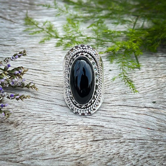 Anello Artigianale In Argento 925 Con Onice Nero Naturale - Taglia 8, Solitario, Fatto A Mano In India