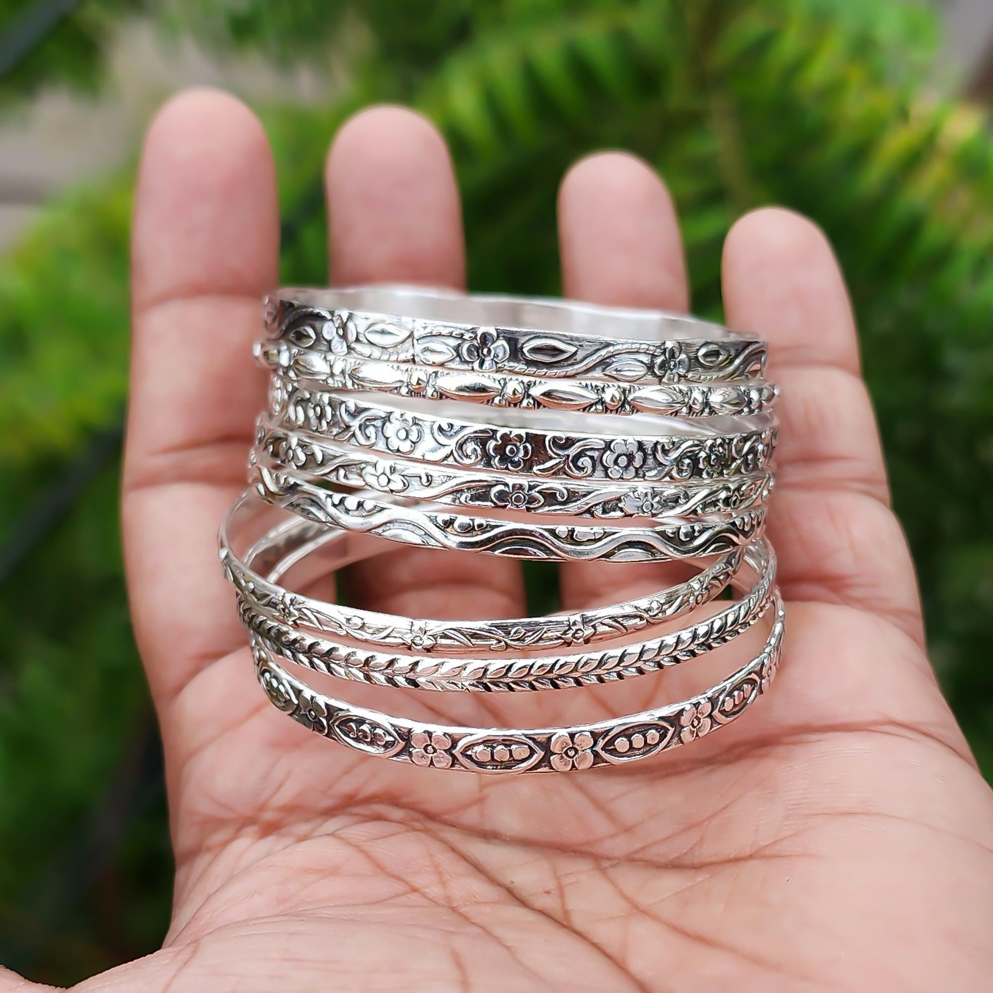 Set of 8 Sterling Silver Bangles: Thick Floral Boho Bracelet - Etsy