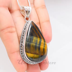 Natural Tiger&#39;s Eye Pendant in 925 Sterling Silver - Antique Jewelry Gift for Her - Unique Tiger Eye Necklace for Mother&#39;s Day