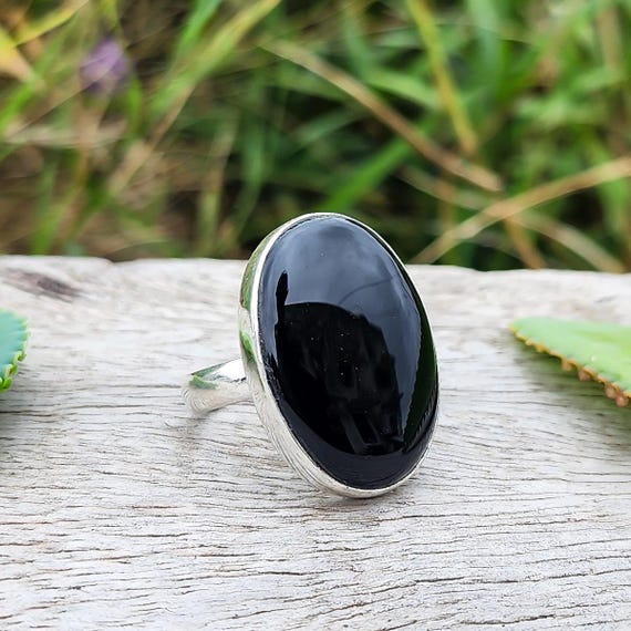 Black Onyx Gemstone Ring: 925 Sterling Silver Band, Big Stone Ring