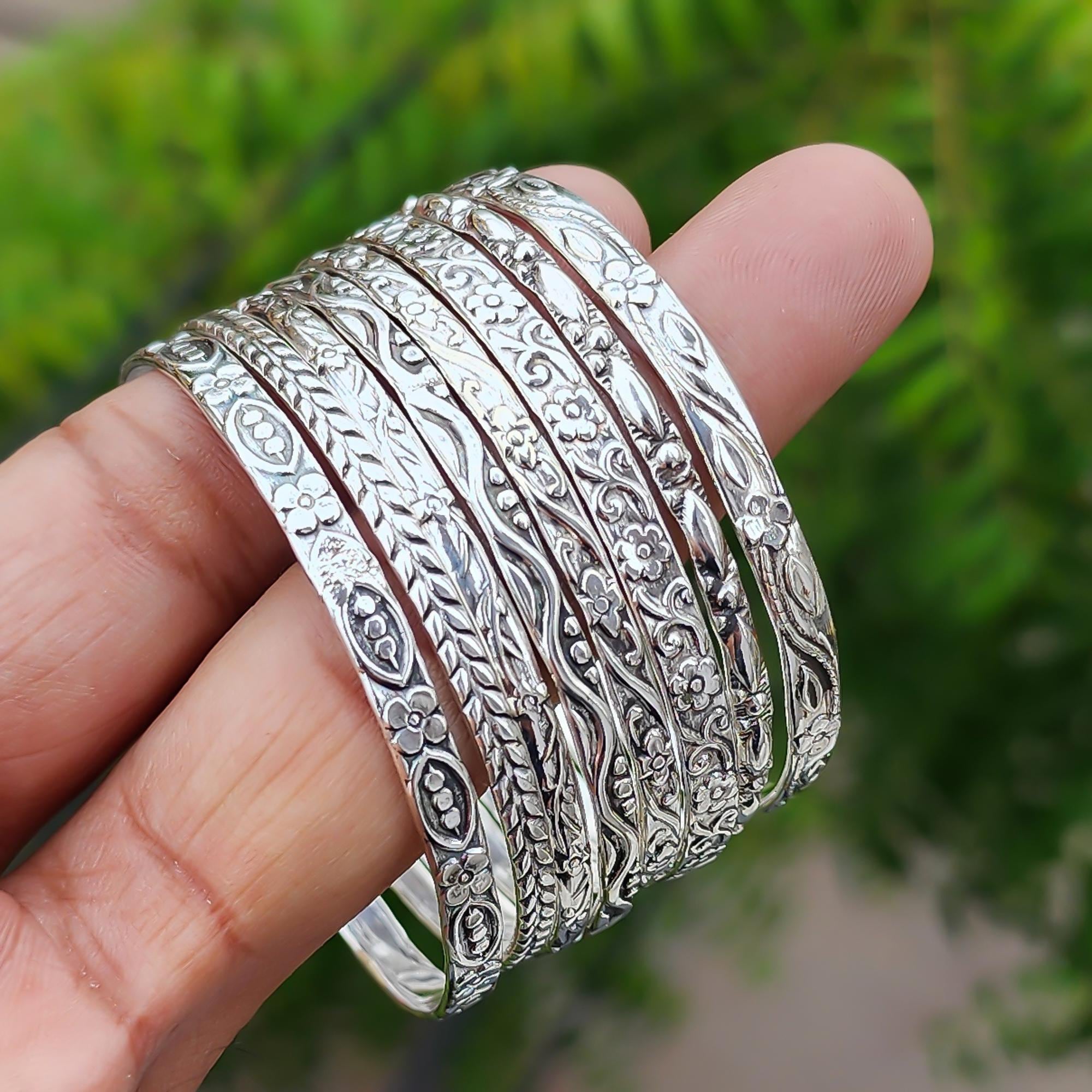Set of 8 Sterling Silver Bangles: Thick Floral Boho Bracelet - Etsy