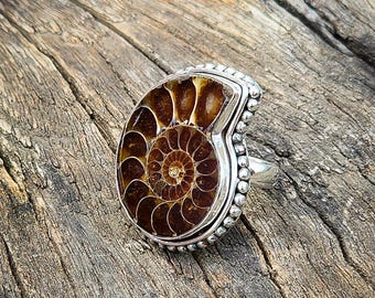 アンモナイト 925 スターリングシルバー 宝石デザイナーリング 