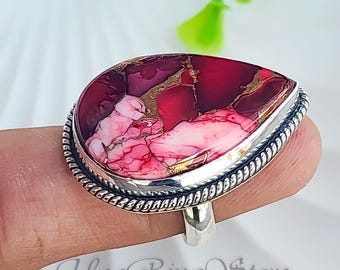 Red Rose Dahlia Turquoise Ring – Pear Shape, Handmade Sterling Silver
