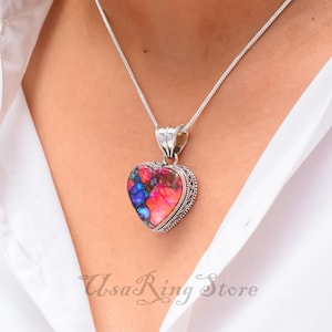 Collana con ciondolo a forma di cuore in rame turchese con dalia rosa Kingman - Gioiello in argento sterling 925 unico, regalo per lei