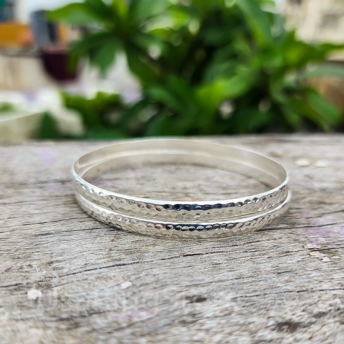 Handmade Sterling Silver Bangle Set: Wide Hammered Boho Bangles - Etsy