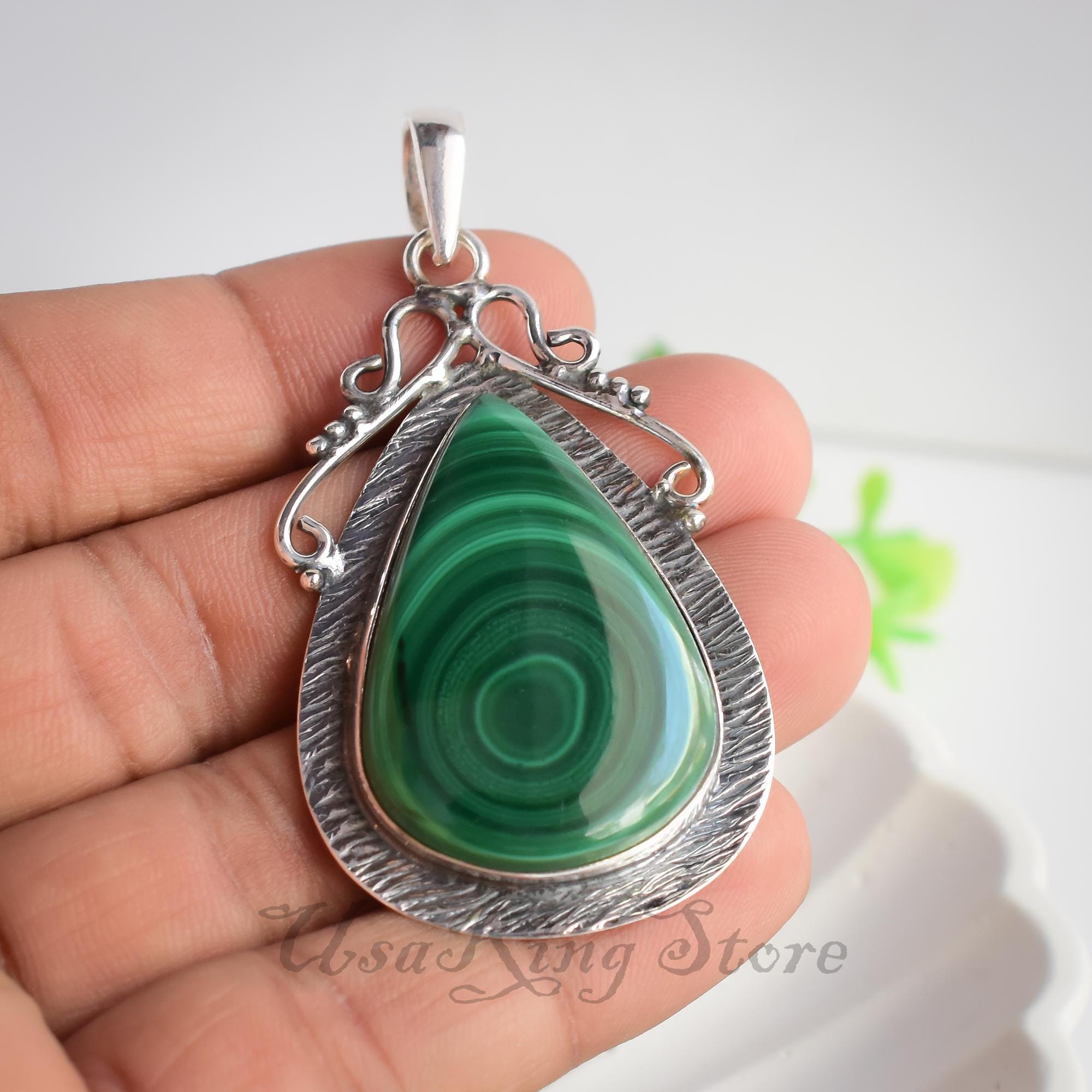 Pendentif En Malachite Et Jasper Sertis Argent 925 - Fait Main, 1.75 Pouces - Modèle #P09386