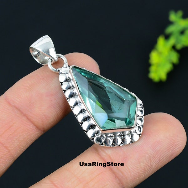 Handmade Aqua Apatite Kite Necklace: 925 Sterling Silver Gemstone