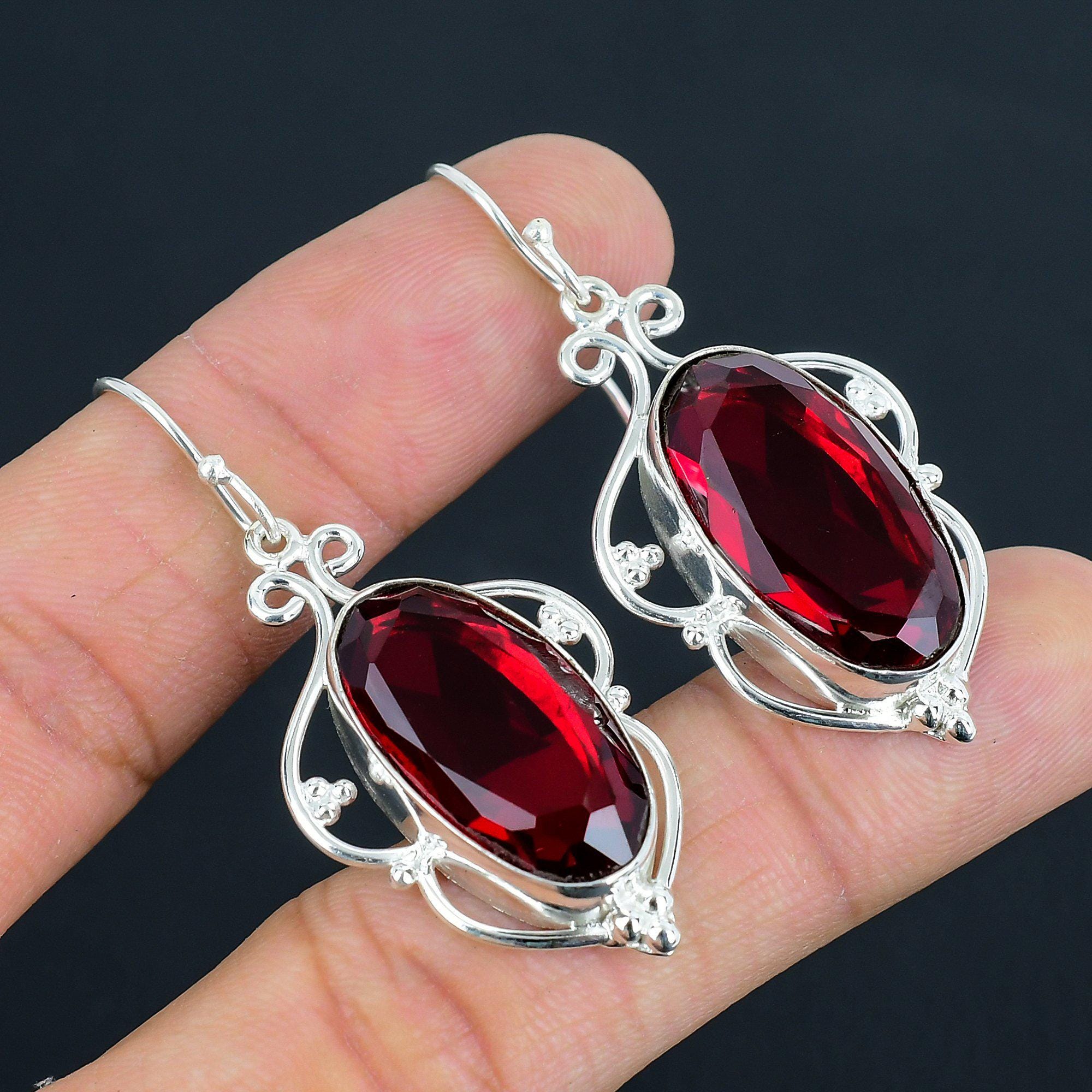 Handmade Garnet Cabochon Earrings: 925 Sterling Silver Jewelry