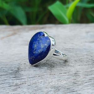 Heart Lapis Lazuli Solid 925 Sterling Silver Ring For Women, Handmade Bridesmaid Heart Shape Stone Ring For Wedding Anniversary Gift For Her