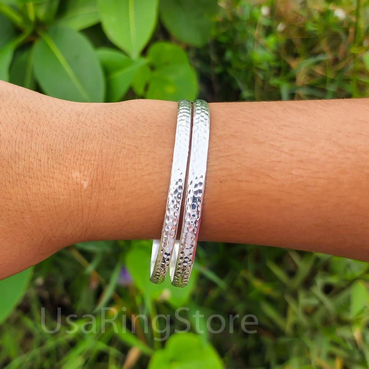 Handmade Sterling Silver Bangle Set: Wide Hammered Boho Bangles - Etsy