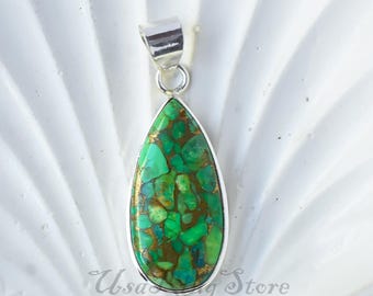 Green Copper Turquoise Necklace - Handmade 925 Sterling Silver Pendant - Boho Antique Jewelry - Unique Christmas Gift for Women