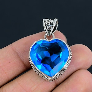 Swiss Blue Topaz Pendant, Blue Topaz Pendant Heart Shape, Blue Topaz Gemstone Handmade 925 Sterling Silver Jewelry Pendant For Gift