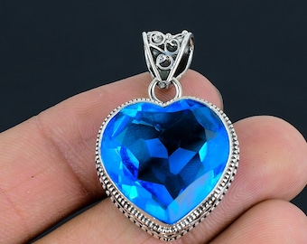 Swiss Blue Topaz Pendant, Blue Topaz Pendant Heart Shape, Blue Topaz Gemstone Handmade 925 Sterling Silver Jewelry Pendant For Gift